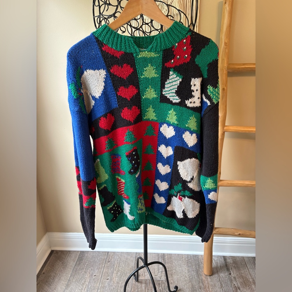 VTG Handknit Whimsical Cabincore Novelty Christmas Stocking Crewneck Sweater